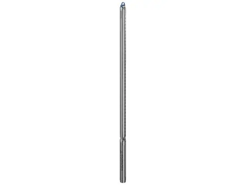 Brunnenpumpe von Grundfos, designiert für den Unterwassereinsatz, klare Bauform in Metalloptik mit schmalem, geradem Gehäuse und Ansatz für Anschluss.